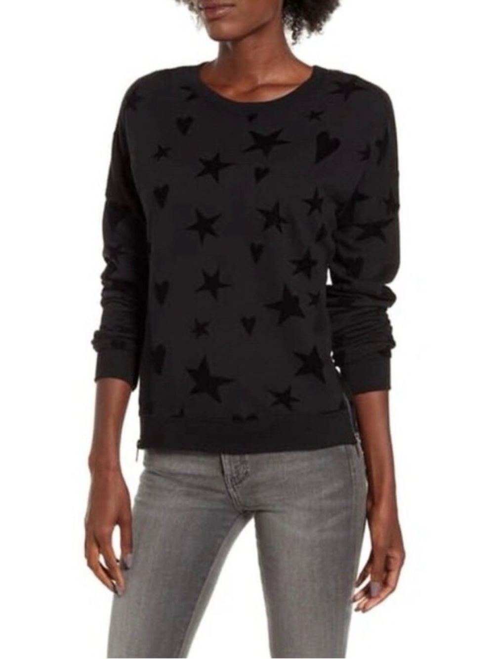 Rails Sz L Marlo Flocked Hearts Star-Print Crewneck Sweater Side Zip- Women